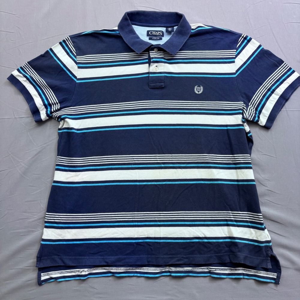 Chaps Mens Stretch Polo Shirt XL Navy Blue White Light Blue Striped Short Sleeve